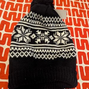 Black and White Patterned Knit Pom Pom Hat. Unisex.